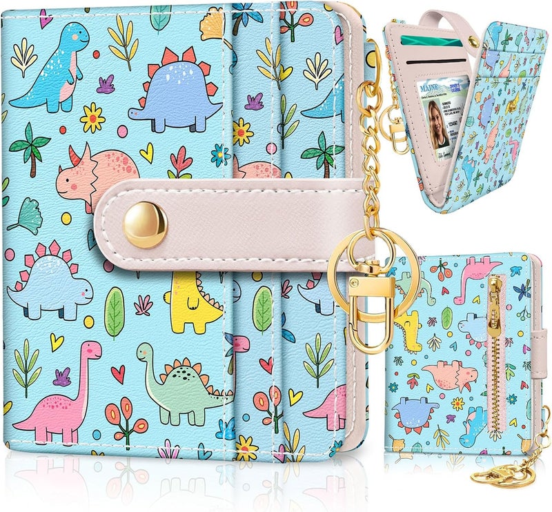 Jogjam Cute Dinosaur Rfid Girls Girly Teen Wallet, Small Slim Thin Compact Travel Credit Card Women Wallet, PU Leather Bifold Cash Zipper Coin Pocket ID Window for Female Ladies Gifts - Image 1